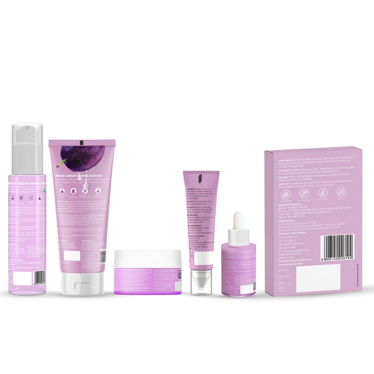 PLIX - THE PLANT FIX The Plan Fix | Jamun Active Acne Regime For Unisex, 2% Salicylic Acid Toner, Serum, Facewash, Moisturizer, & Gel With Free Acne Patch