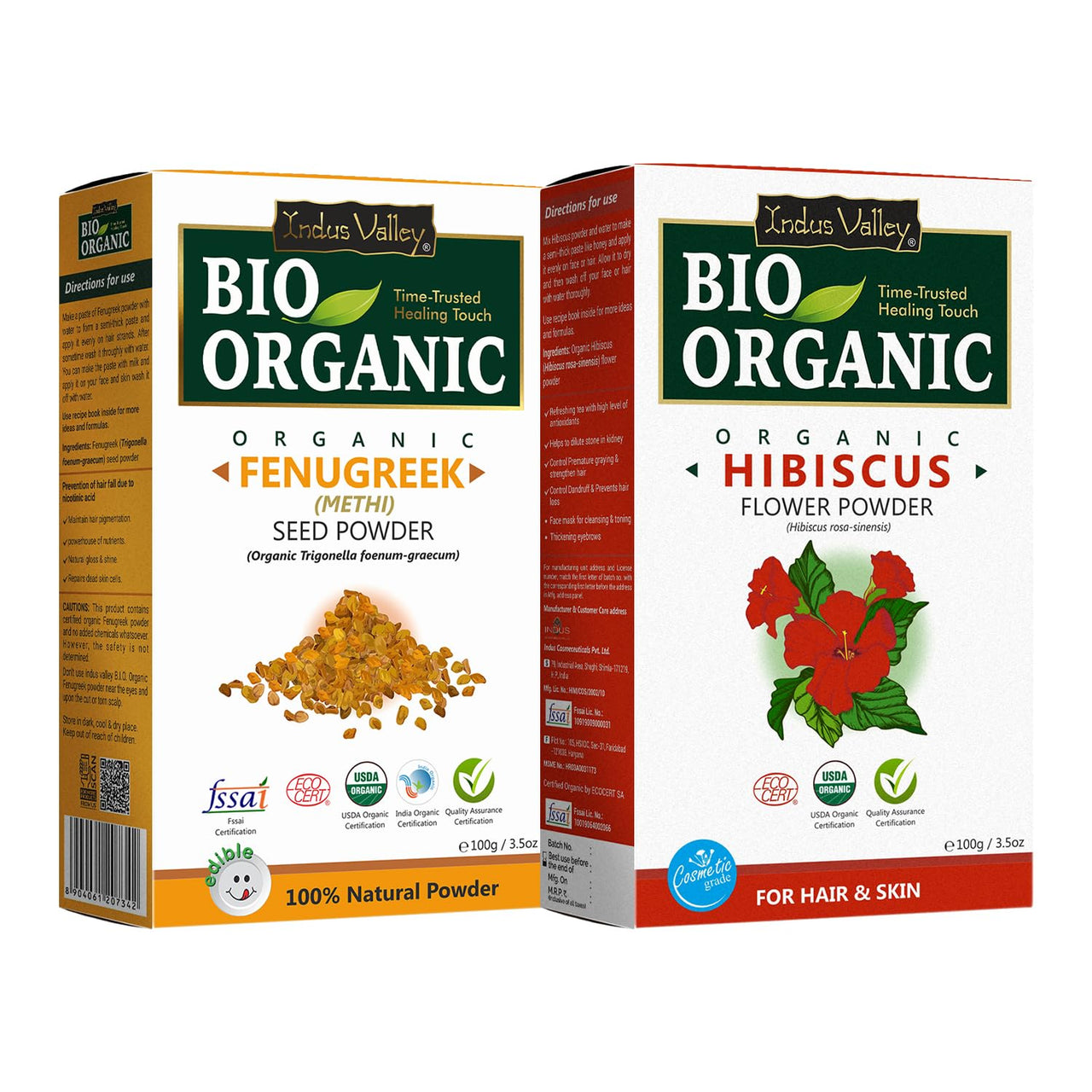 INDUS VALLEY Bio Organic Natural And Pure Edible Fenugreek Powder (Methi powder) with Edible Hibiscus Powder Hibiscus rosa-sinensis for Skin Care & Hair Care (100g*2=200g)