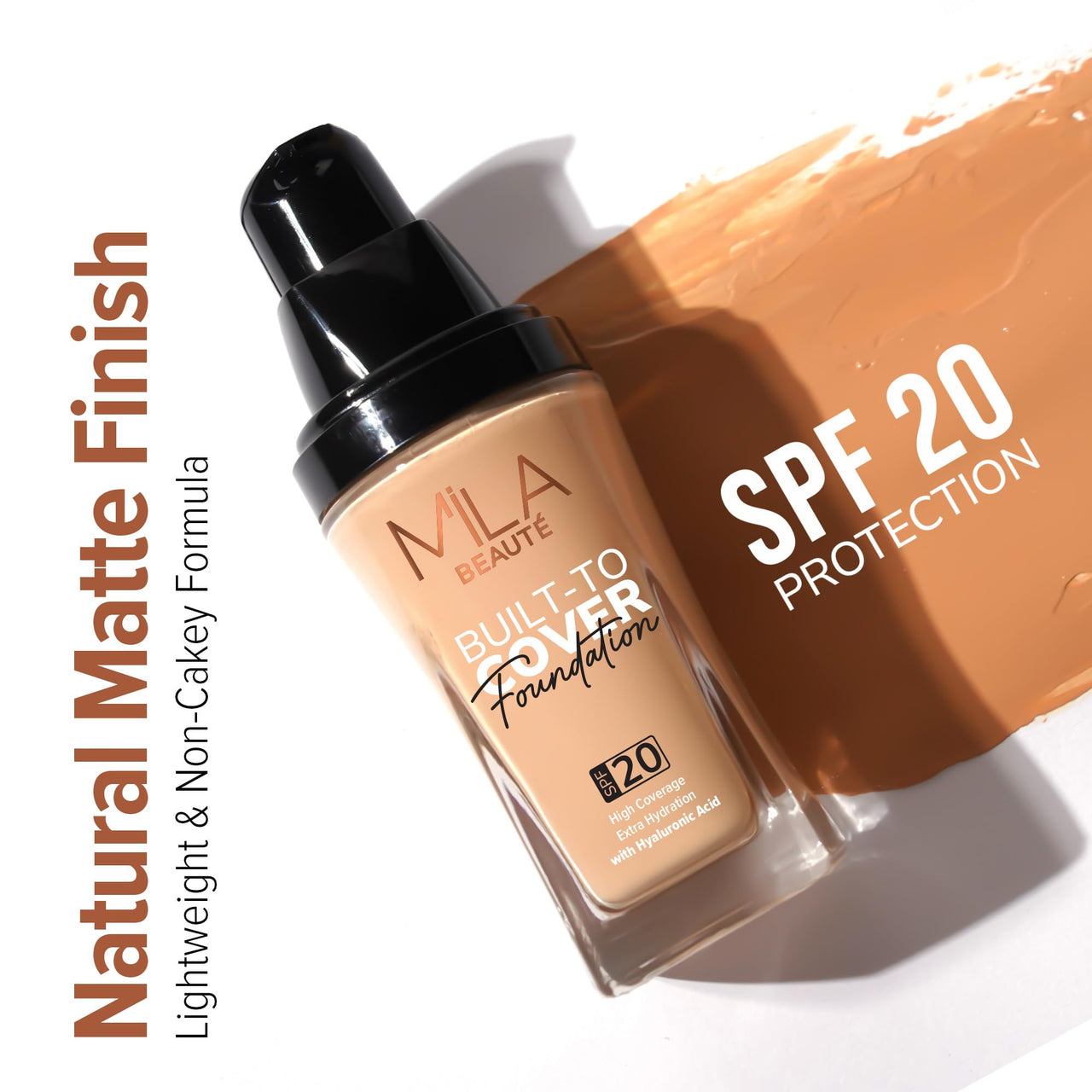 Mila Beauté Built to Cover Liquid Foundation I Medium to Buildable Coverage I Matte Finish I Lightweight I SPF 20 I Super Hydrating with Hyaluronic Acid (M-2-Neutral Wheat, 30ml)