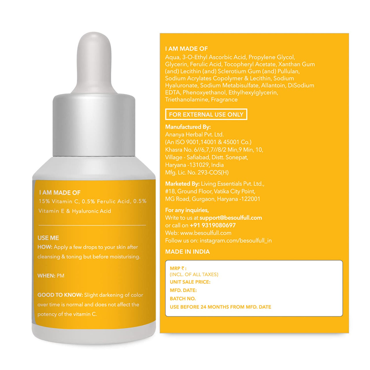 BE SOULFULL 15% Vitamin C Serum with 0.5% Ferulic Acid & 0.5% Vitamin E for Glowing Skin-Skin Brightening Serum-Antioxidant Serum-Reduce Wrinkles & Dark Spots, 15ml / 0.05 Fl Oz