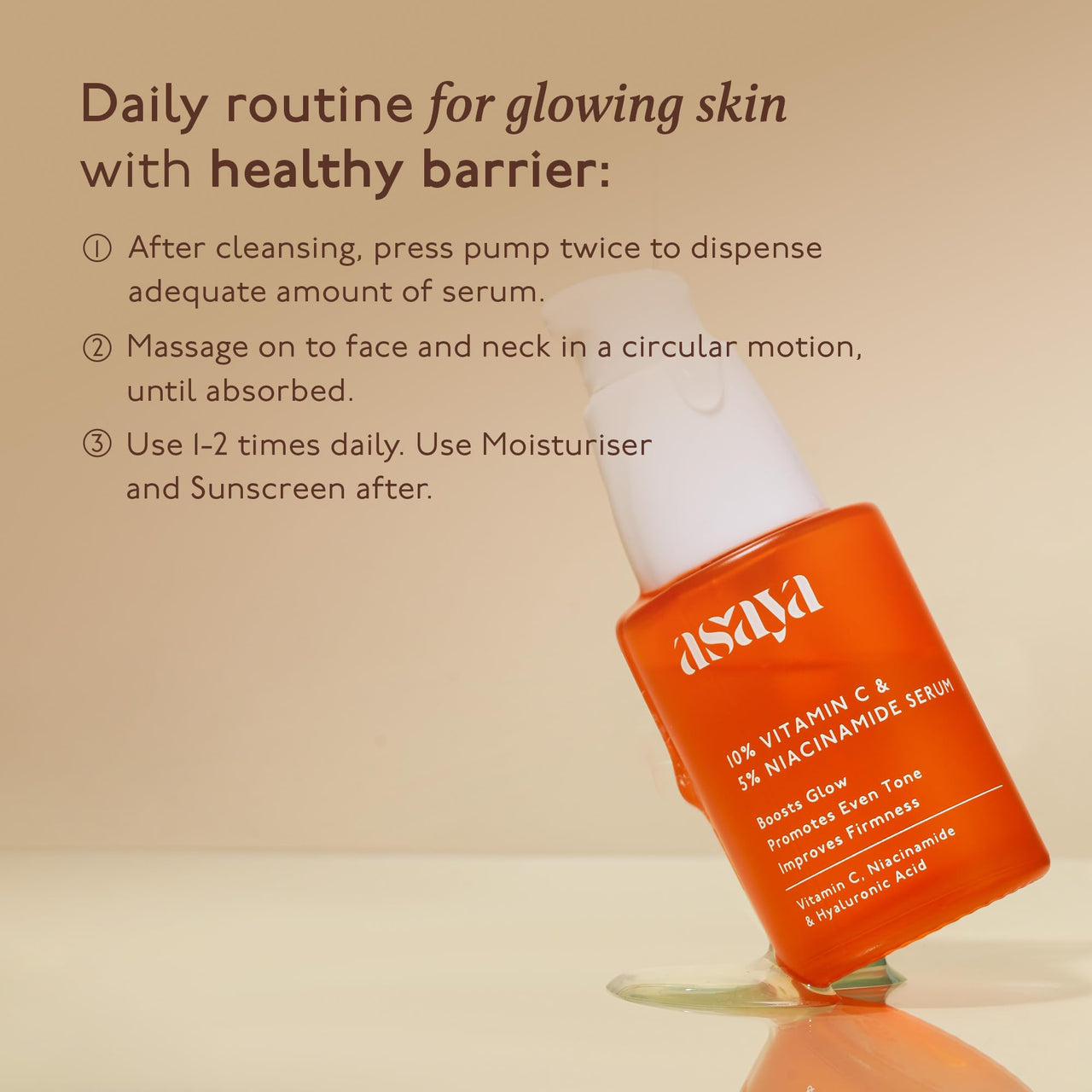 Asaya 10% Vitamin C Face Serum for Brightening & Glowing Skin | With 5% Niacinamide & Hyaluronic Acid | Dark Spot Correcting & Barrier Support | For Skin Radiance | Non Irritating & Non Sticky | Brightening Serum for Dull Skin | Reduces Dark Spots | Treat