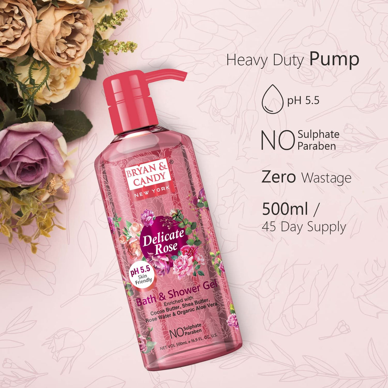Bryan & Candy Shower Gel with Aloe Vera. Gentle, Moisturizing Body Wash for Soft, Supple Skin (Delicate Rose Shower Gel, 500ml)