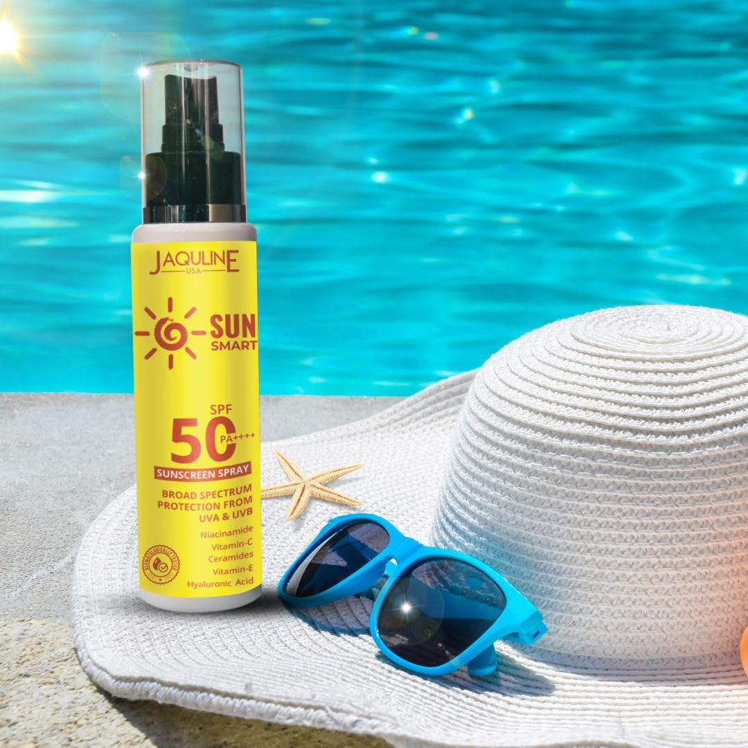 Jaquline USA Sun Smart Sunscreen Spray SPF 50 PA++++ | Dermatologically Tested | Lightweight with Multi-Vitamins | No White Cast | Blue Light Protection | Benzophenone Free |Broad Spectrum | For Women & Men | 100ml