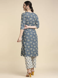 anubhutee Women's  Blue Printed Angrakha Pure Cotton Straight Kurta Suit Set with Pants