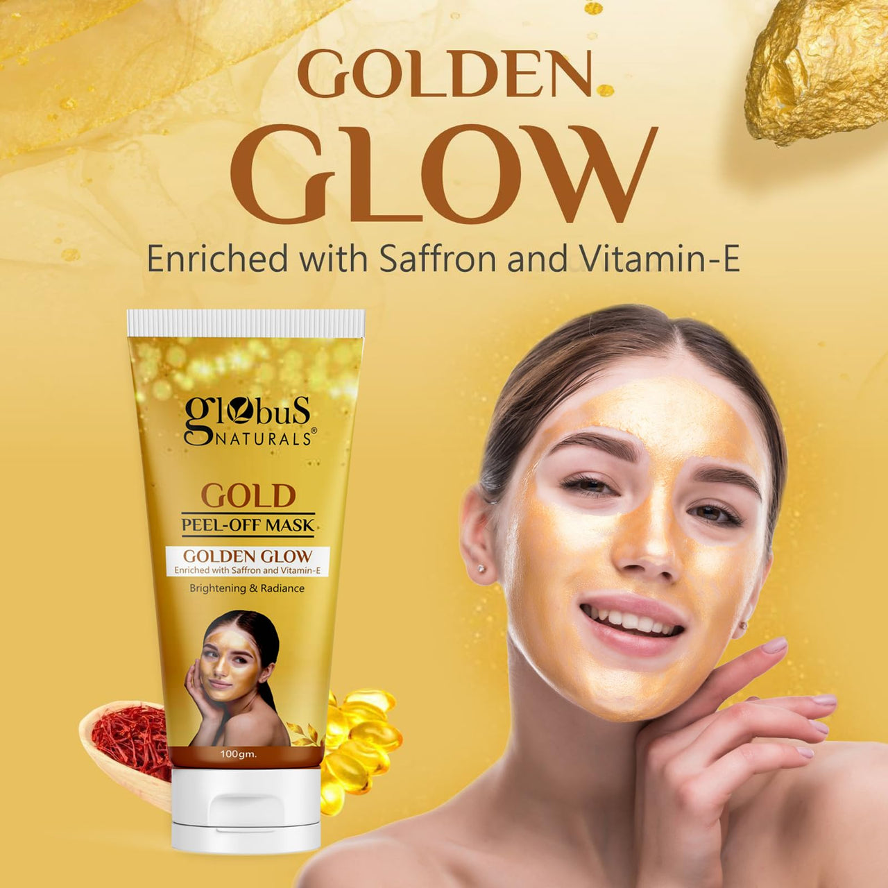 Globus Naturals Gold Peel Off Mask Enriched with Vitamin-E, For Golden Glow & Radiance, For Both Men & Women, Suitable For All Skin Types, 100g, Pack Of 3