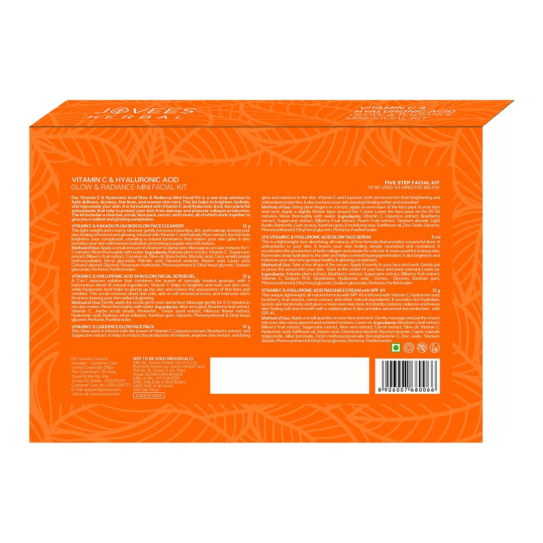 Jovees Herbal Vitamin C & Hyaluronic Acid Glow & Radiance Mini Facial Kit For Brighter & Glowing Skin | Kit For Improves Uneven Skin Tone, Fines Lines & Dullness 53g (Multiple use)
