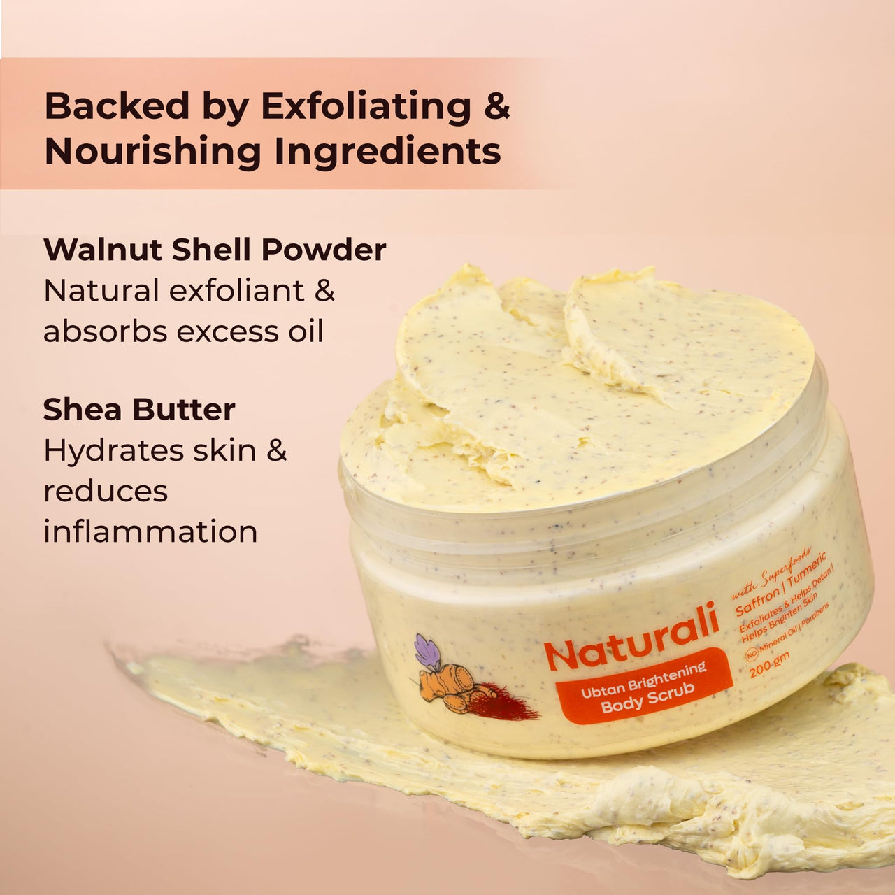 Naturali Ubtan Brightening Body Scrub | With Superfoods Saffron & Turmeric | Exfoliates | Removes Tan | Boosts Skin Glow | Paraben-free | For All Skin Types | 200gms