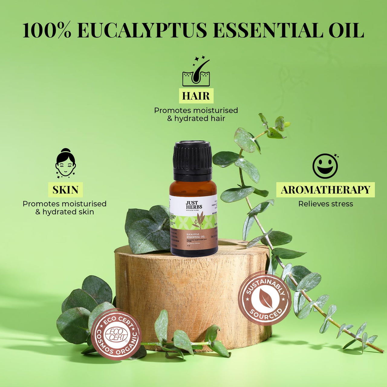 Just Herbs Eucalyptus Undiluted Steam Distilled 100% Natural Essential Oil for Hair Growth | Steam Inhalation | Aromatherapy and Skincare 10ml