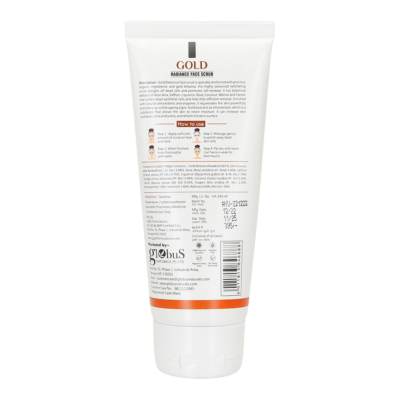 Globus Naturals Gold Radiance Anti Ageing & Brightening Face Scrub Enriched with Saffron, Liquorice & Walnut, 100 gms
