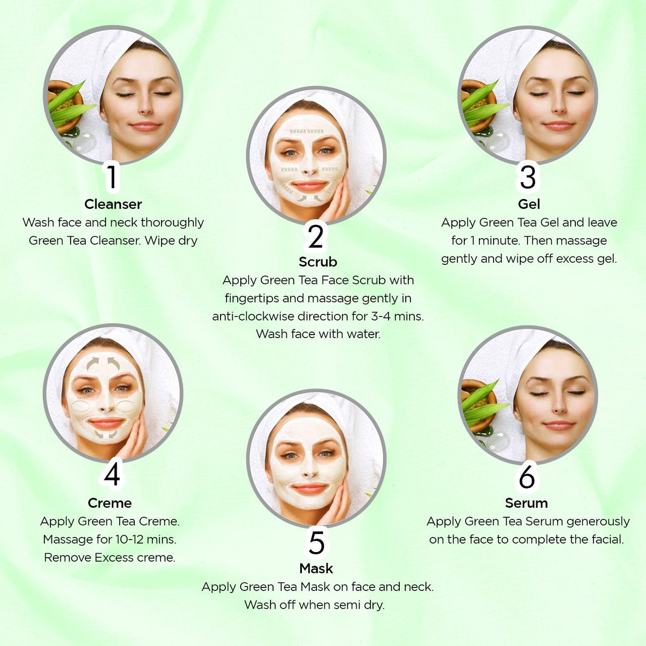 Astaberry Green Tea Facial Kit 6 Steps For All Skin Types - Anti Pollution Skin Care | Skin elasticity | Fights skin damage & Relaxing and Soothing | With Neem & Olive