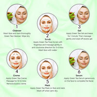 Astaberry Green Tea Facial Kit 6 Steps For All Skin Types - Anti Pollution Skin Care | Skin elasticity | Fights skin damage & Relaxing and Soothing | With Neem & Olive