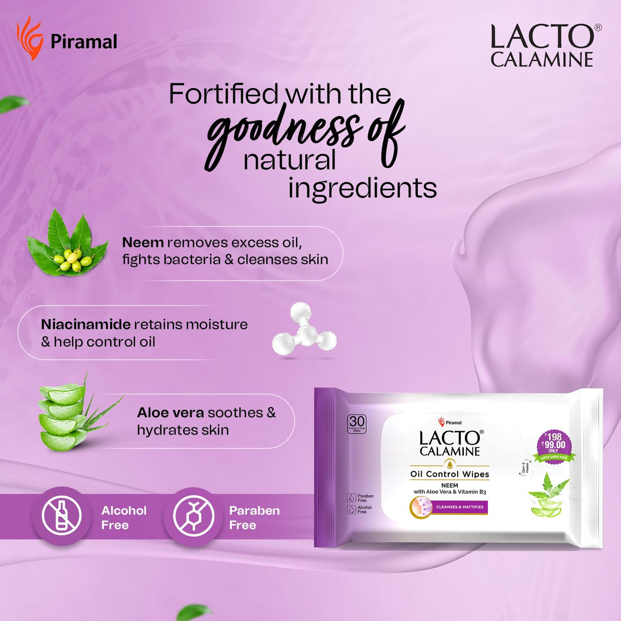 Lacto Calamine Oil Control Face Wipes | 30 N each- Pack of 4 | Wet Wipes for Face With Neem, Aloe Vera & Niacinamide | Makeup Remover Wipes | Hydrating, Refreshing, Soothing | Pararben & Alcohol Free