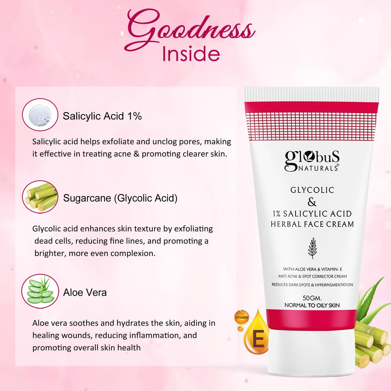 Globus Naturals Glycolic & 1% Salicylic Acid Herbal Anti Acne Face Cream, Enriched with Aloe Vera & Vitamin E, Reduces Dark spots & Hyperpigmentation, 50gm