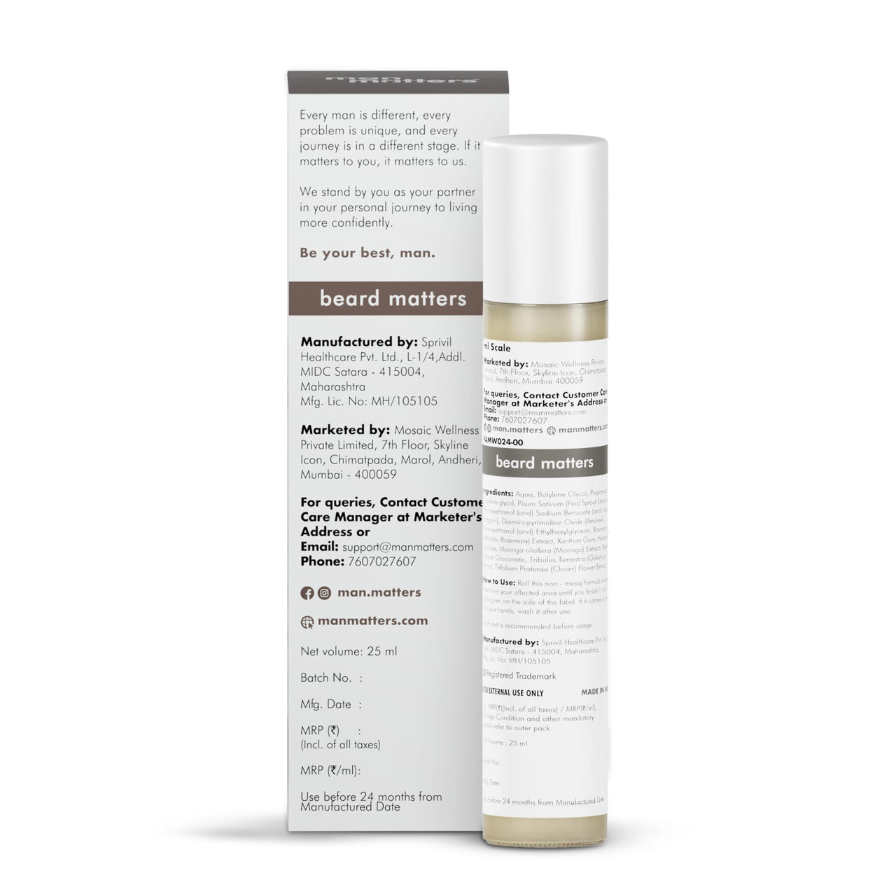 Man Matters BeardGro Serum Roll On 25ml | 4% Anagain, 2% Aminexil & 1% Rosemary | For Stronger, Fuller & Thicker Beard | Solves Uneven & Patchy Beard | Lightweight, Fast Absorption