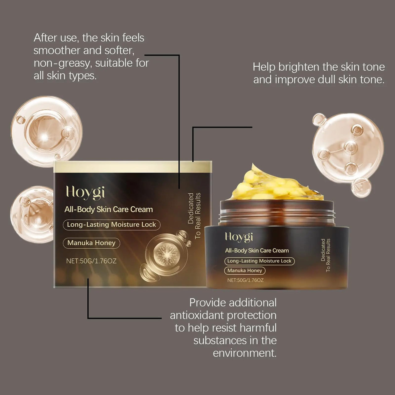 HOYGI Hydrating Face & Body Cream, 50g/1.76oz - with Hyaluronic Acid, Tea Tree Oil, Vitamin E & Honey - Nourishing, Anti-Wrinkle, for All Skin Types - Brightens Complexion, Cream for Face