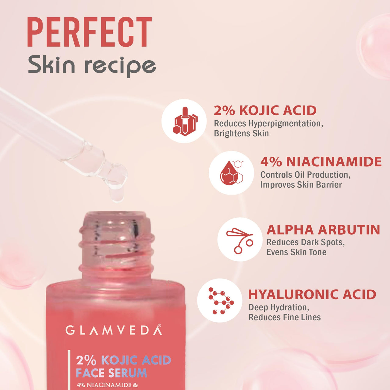Glamveda 2% Kojic Acid Face Serum with Niacinamide & Alpha Arbutin | Skin Brightening & Hydration | Dark Spot, Blemish & Wrinkle Reduction | Glass Skin Glow | All Skin Types
