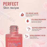 Glamveda 2% Kojic Acid Face Serum with Niacinamide & Alpha Arbutin | Skin Brightening & Hydration | Dark Spot, Blemish & Wrinkle Reduction | Glass Skin Glow | All Skin Types