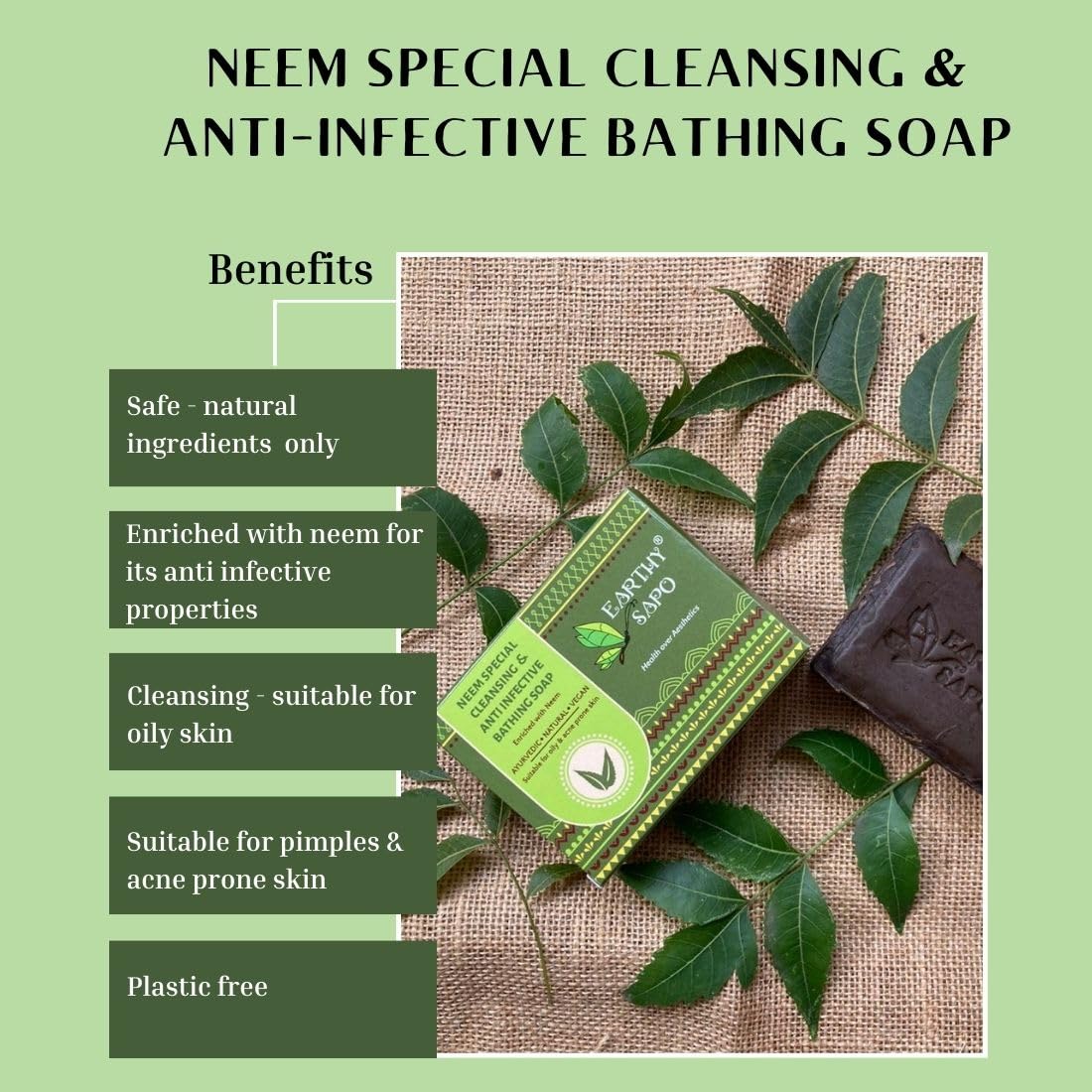 Earthy Sapo Handmade Neem Bathing Soap, 100g, Pack of 2 | Natural Cleansing Soap | Neem-Based Formula for Daily Use | Vegan, Eco-Friendly, Free from Chemicals