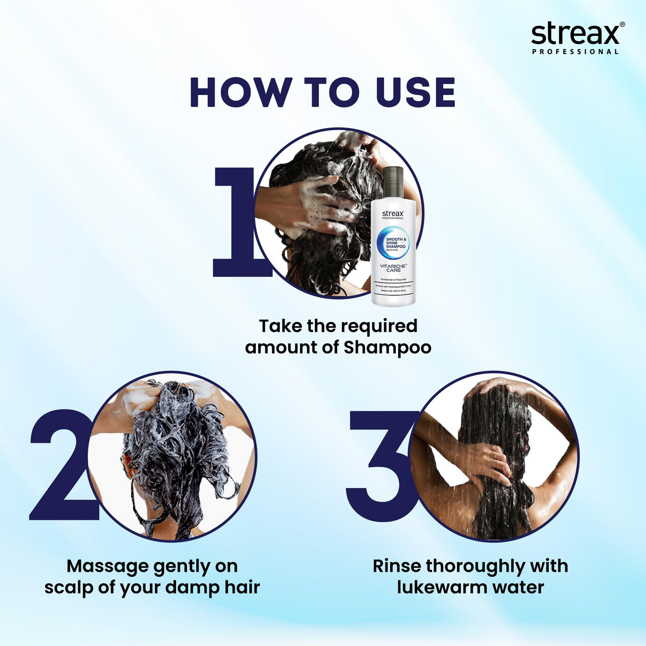 Streax Professional Vitariche Care Smooth & Shine Shampoo For Women| Nourishing Biovit-A-OX Hair Shampoo | Infused with Silk Proteins| Ideal for Normal to Dry & Frizzy Hair| 300ml Bottle