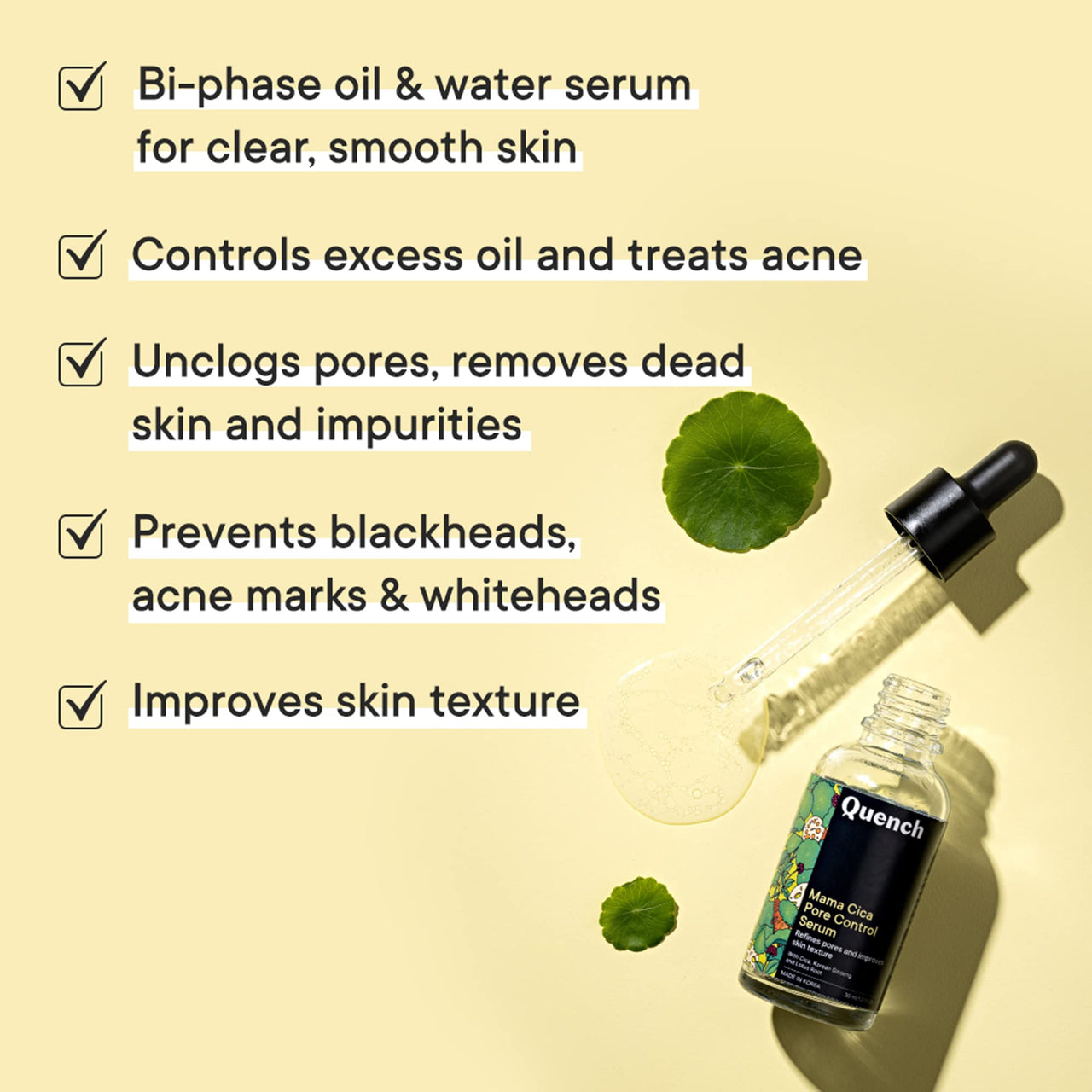 QUENCH BOTANICS Pore Control Serum With 7% Pha & Cica | Reduces Blackheads, Acne Marks & Whiteheads | Minimizes Appearance Of Pores | Gently Exfoliates To Unclog Pores | Made In Korea (30Ml)