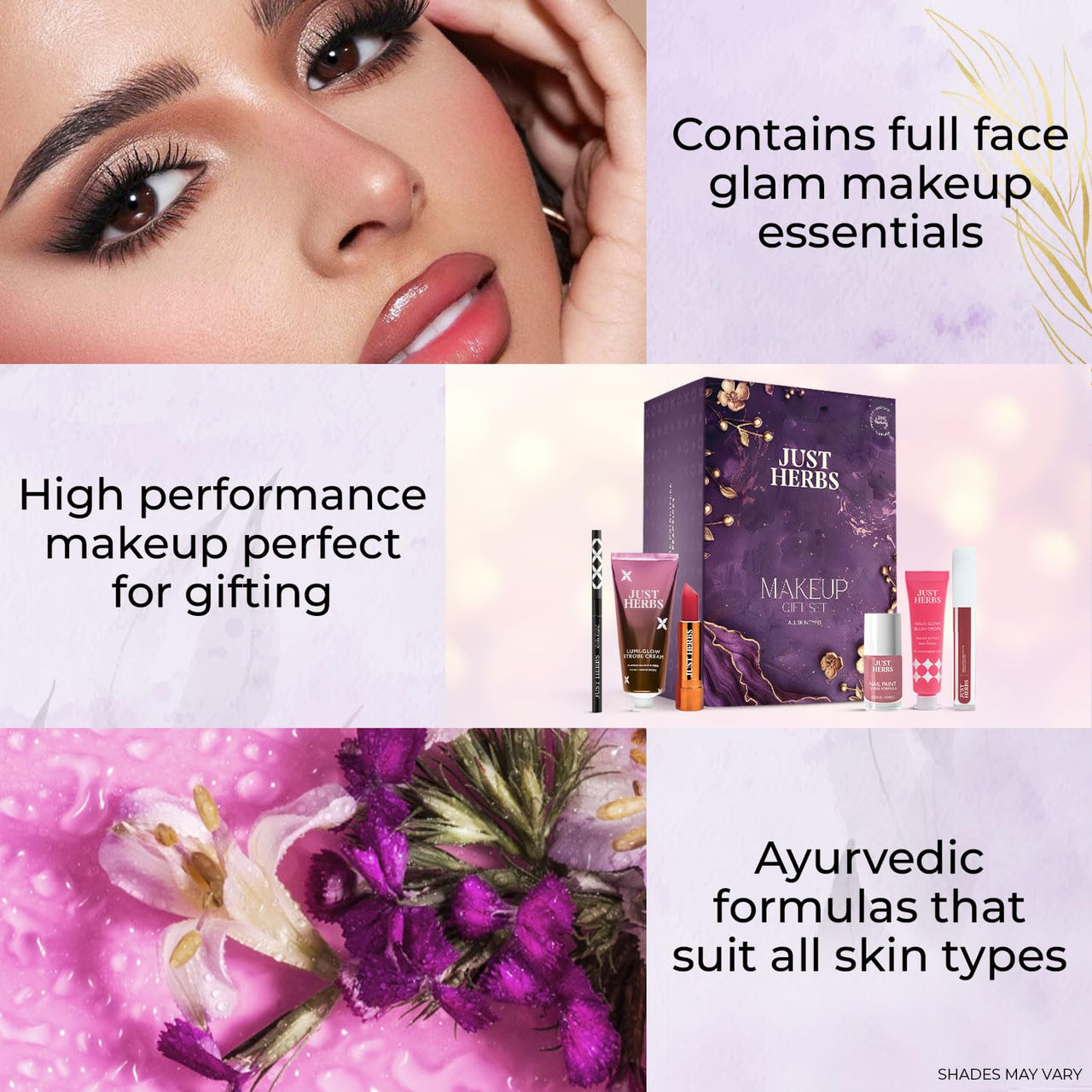 Just Herbs Perfect Gifting Glam Makeup Essentials Eid Gift Set with Blush Drops | Kajal | Ultra Matte Lipstick | Strobe Cream | Liquid Lipstick and Nail Paint for Women 200g