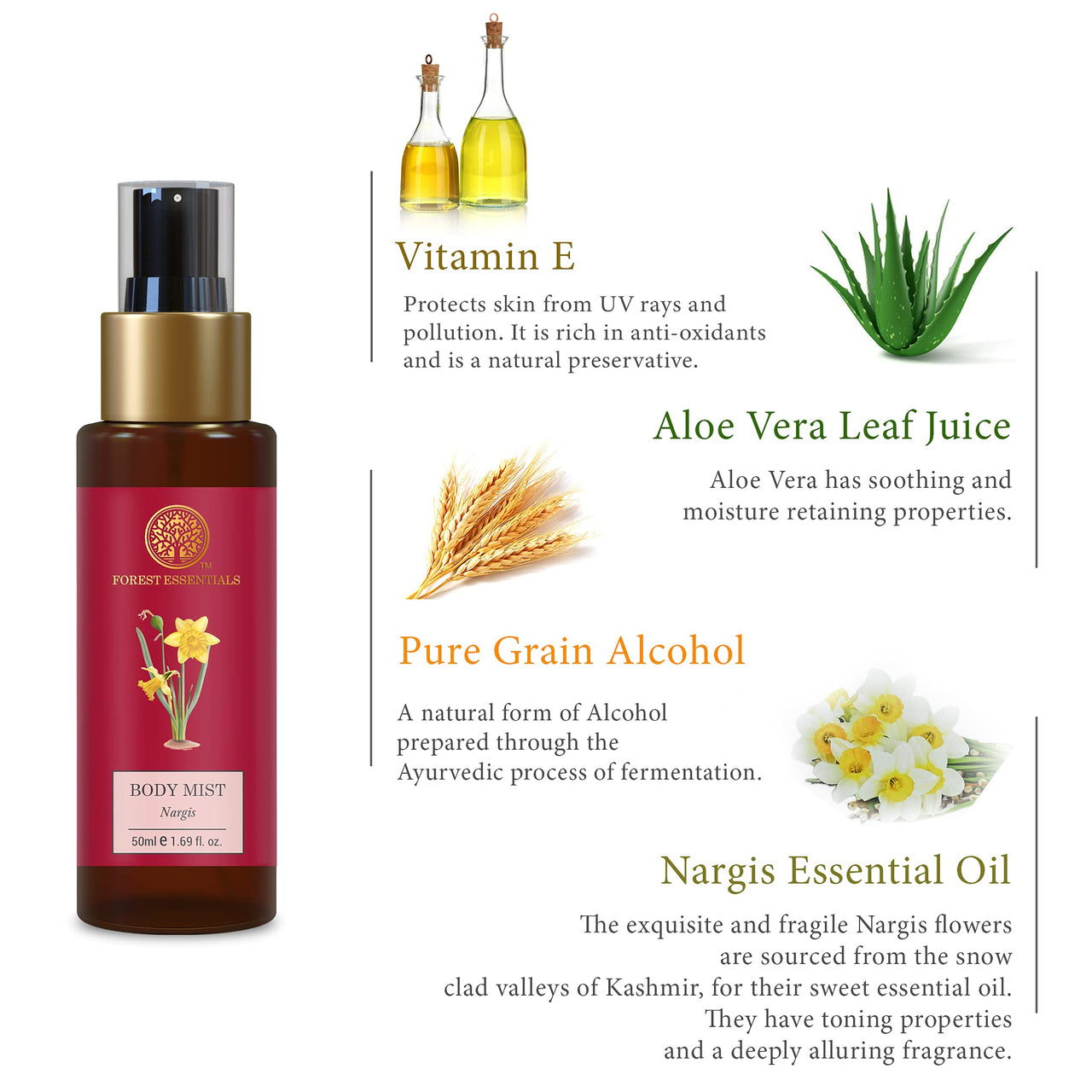 Forest Essentials Travel Size Body Mist Nargis | Natural & Hydrating Body Spray For Men & Women | Luxury Floral Fragrance | 50 ml