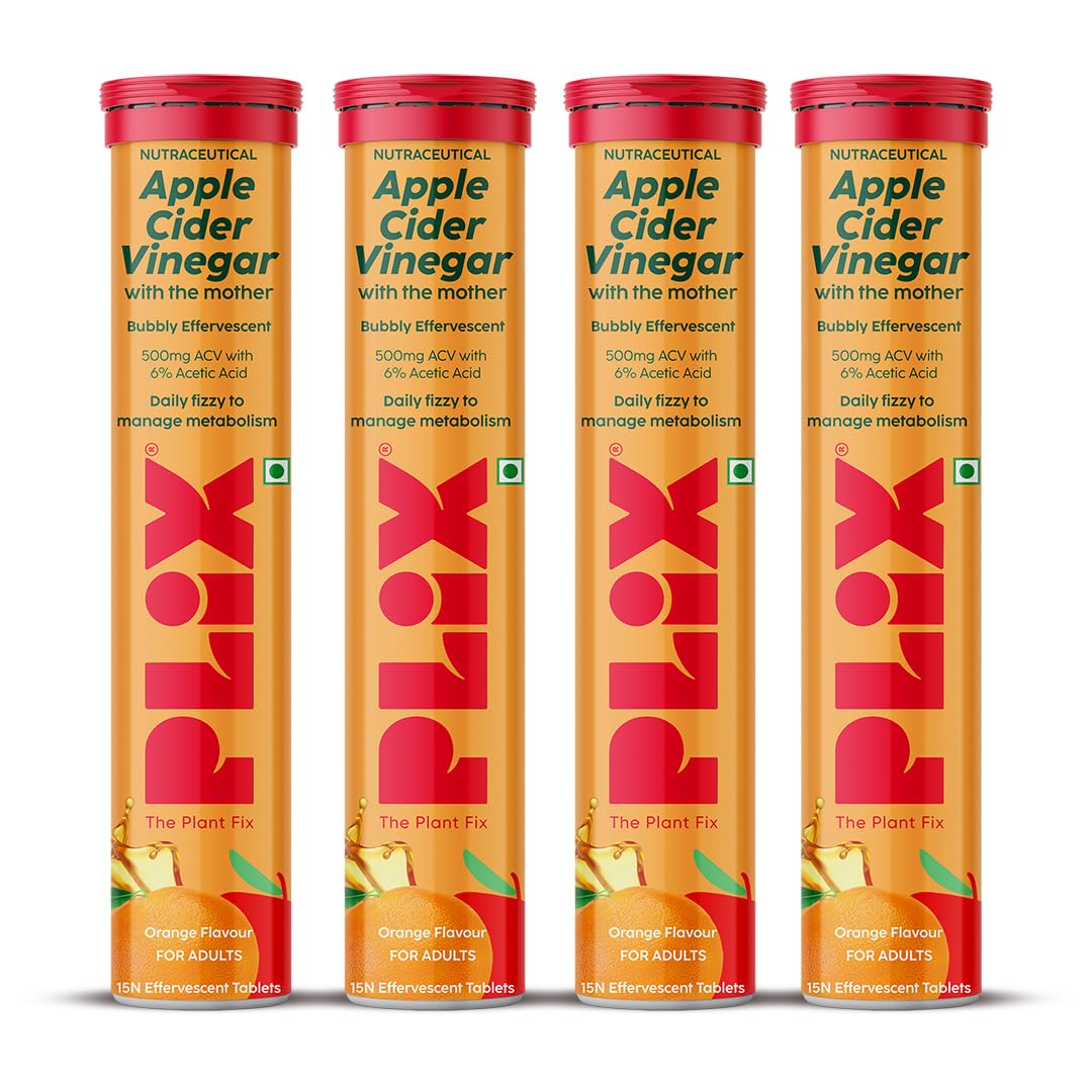 The Plant Fix Plix Apple Cider Vinegar Effervescent Tablet With Mother|Supports Metabolism & Appetite Control I With 500Mg Acv, Vit B6 & B12 I No Maltodextrin, No Added Sugar I Pack Of 4 (60 Tablets)