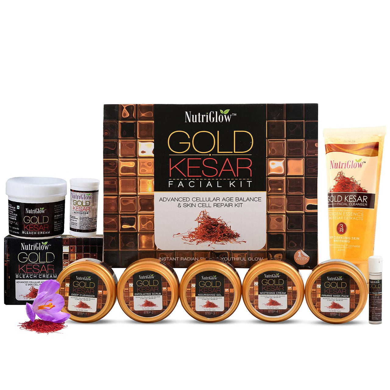 NutriGlow Gold Kesar Facial Kit (250gm + 10ml) with Bleach Cream (43gm) & Face Wash (65ml), All Skin Types (Pack Of 3)