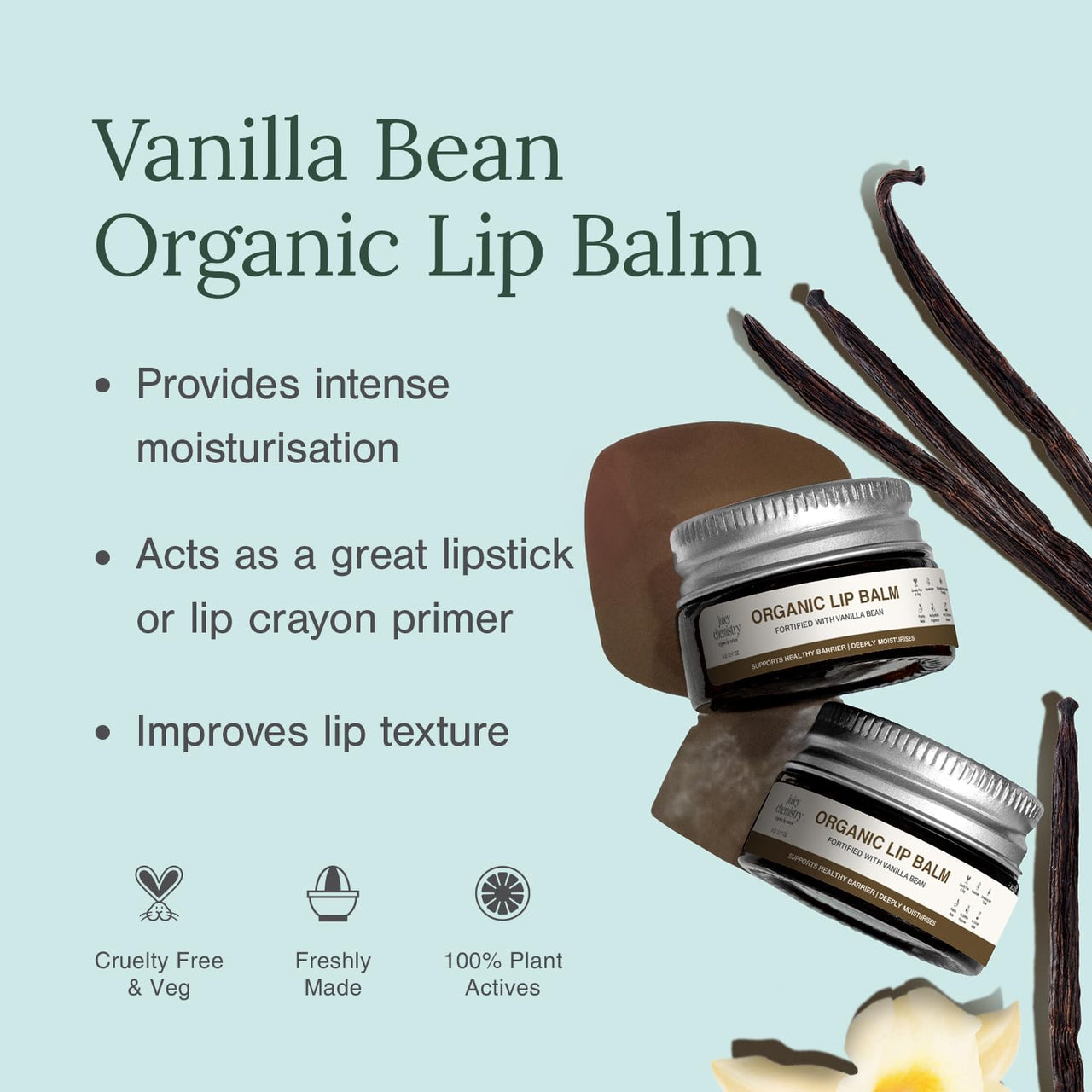 Juicy Chemistry Vanilla Bean Organic Lip Balm, 5 g | Enriched with Delicate, Dreamy, Vanilla Beans, Cocoa Butter, Jojoba & Argan Oil to Smooth and Soften Dry, Chapped & Sensitive Lips