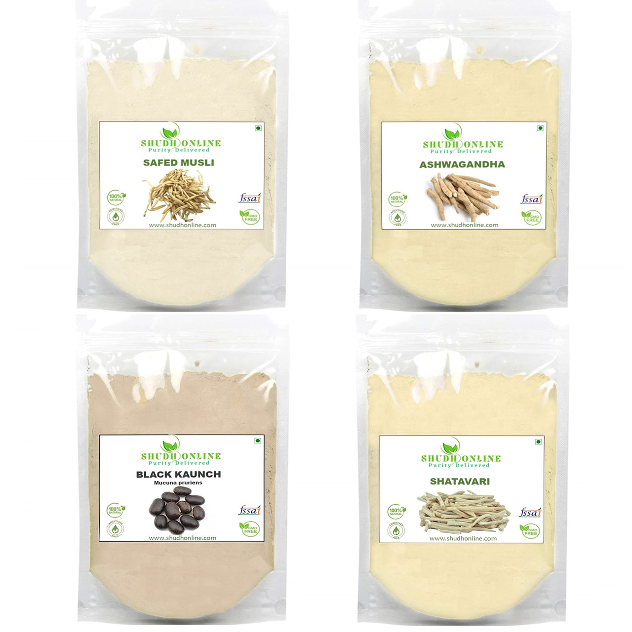 Shudh Online Safed Musli, Ashwagandha, Kaunch, Shatavari Powder Combo (Pack of 500 gram x 4 combo)