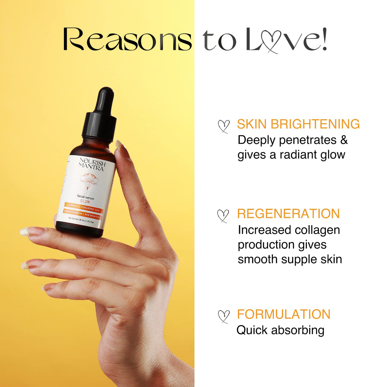 Nourish Mantra Vitamin C Serum – facial serum with Vitamin C, Hyaluronic Acid, Niacinamide – Glowing Serum – Even Skin Tone, Fades the Appearance of Dark Spots, Fine Lines & Wrinkles, 30 ml