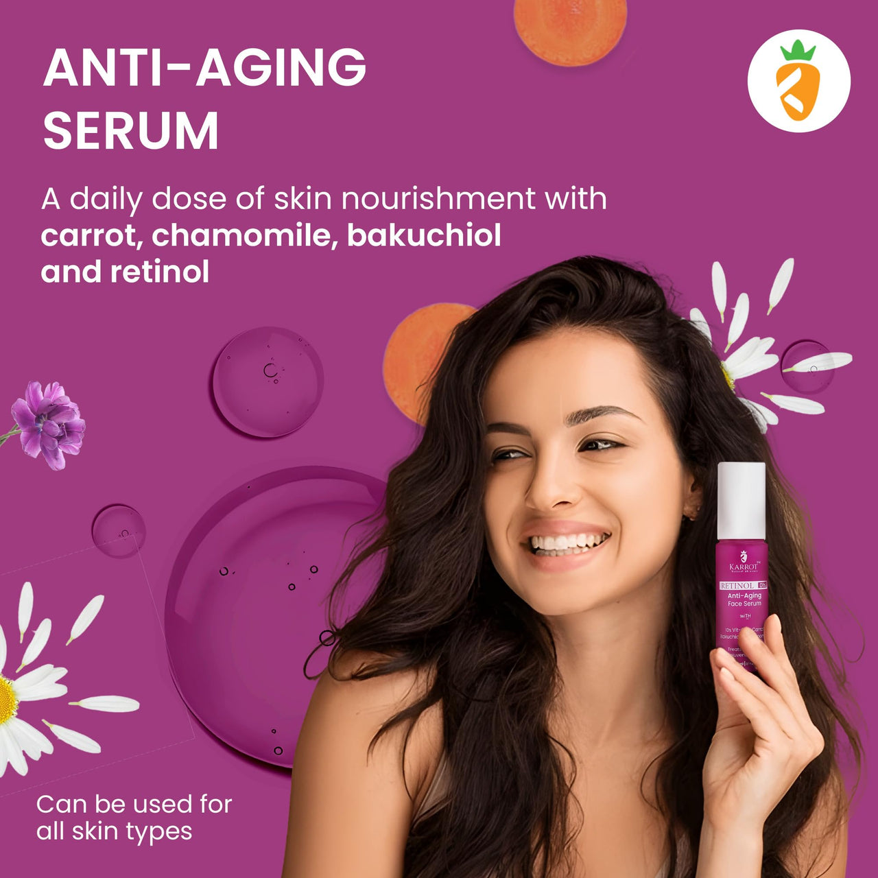 Karrot Natural Skincare Retinol Serum for Face, 01% Concentration, Anti Aging Formula, Reduces Fine Lines & Wrinkles, Contains Bakuchiol & 10% Vitamin C, For Men and Women, All Skin Types, 30ml