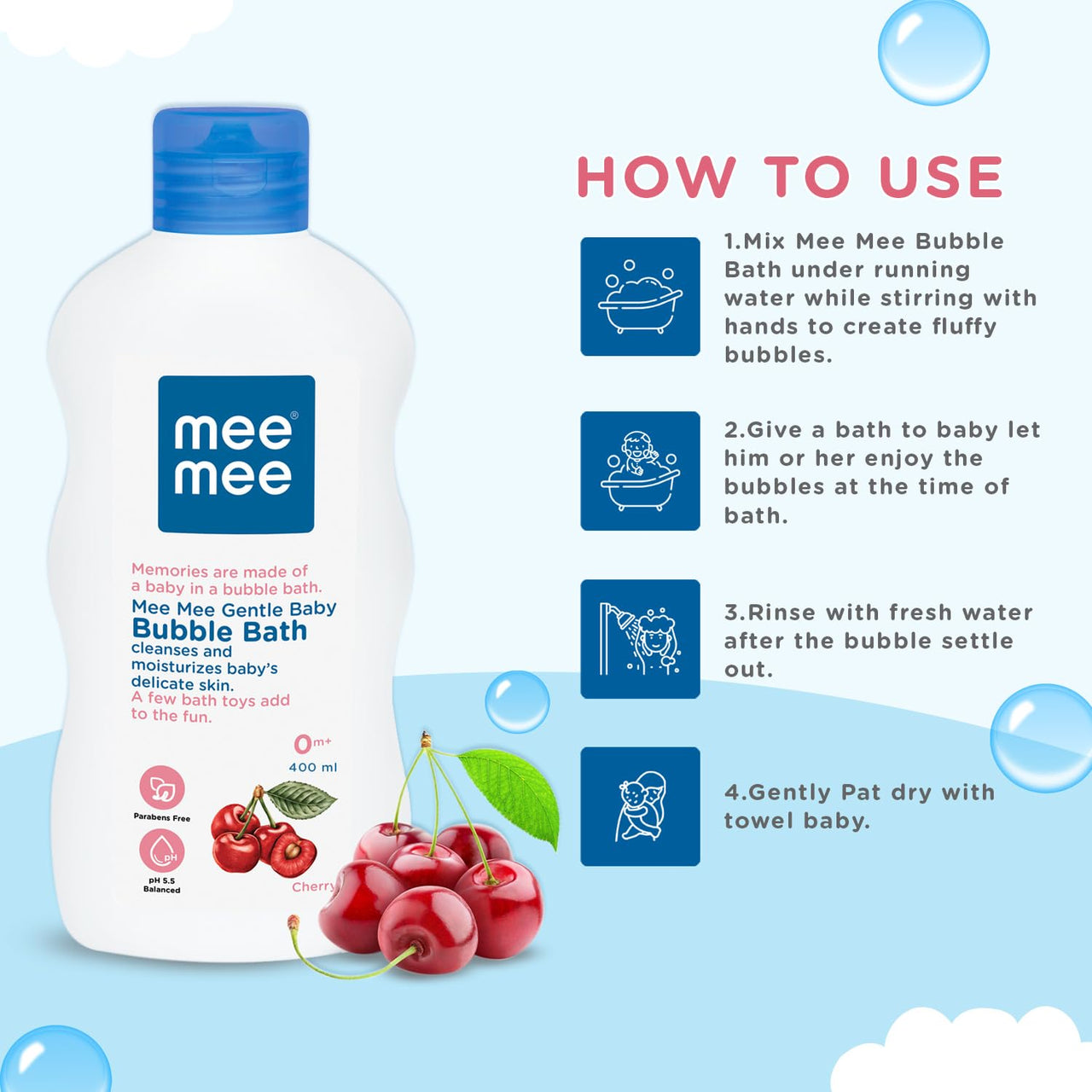 Mee Mee Baby Body Wash 400ml (Pack of 1) With Cherry & Fruit Extracts | Tear-Free Formula | Moisturizes and Soothes Skin | No Parabens | Infant Friendly Natural Head to Toe Baby Mild Bubble Bath Dermatologically Tested | pH balanced | All skin types