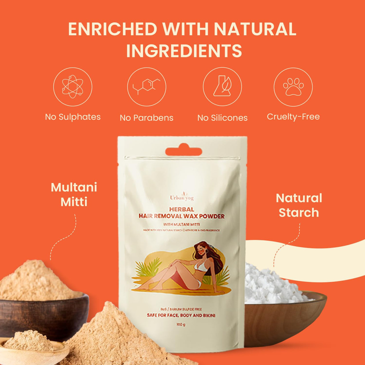Urban Yog Herbal Hair Removal Wax Powder for Women (100 g) | Safe for Hand, Legs, Body & Bikini | Multani Mitti & Natural Starch Wax Powder | Barium Sulfide-Free, Sulphate-Free, Paraben-Free | Rose & Oud Fragrance