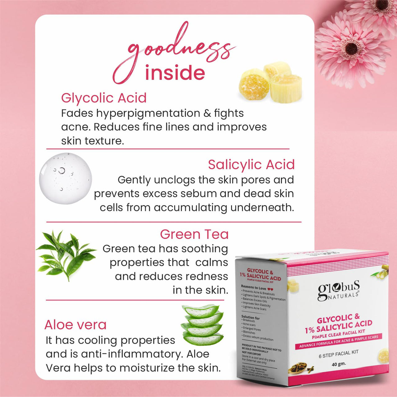 Globus Naturals Glycolic & 1% Salicylic Acid Peel Off Mask & Facial Kit Combo, Anti Acne & Oil Control Formula, For Normal to Oily Skin