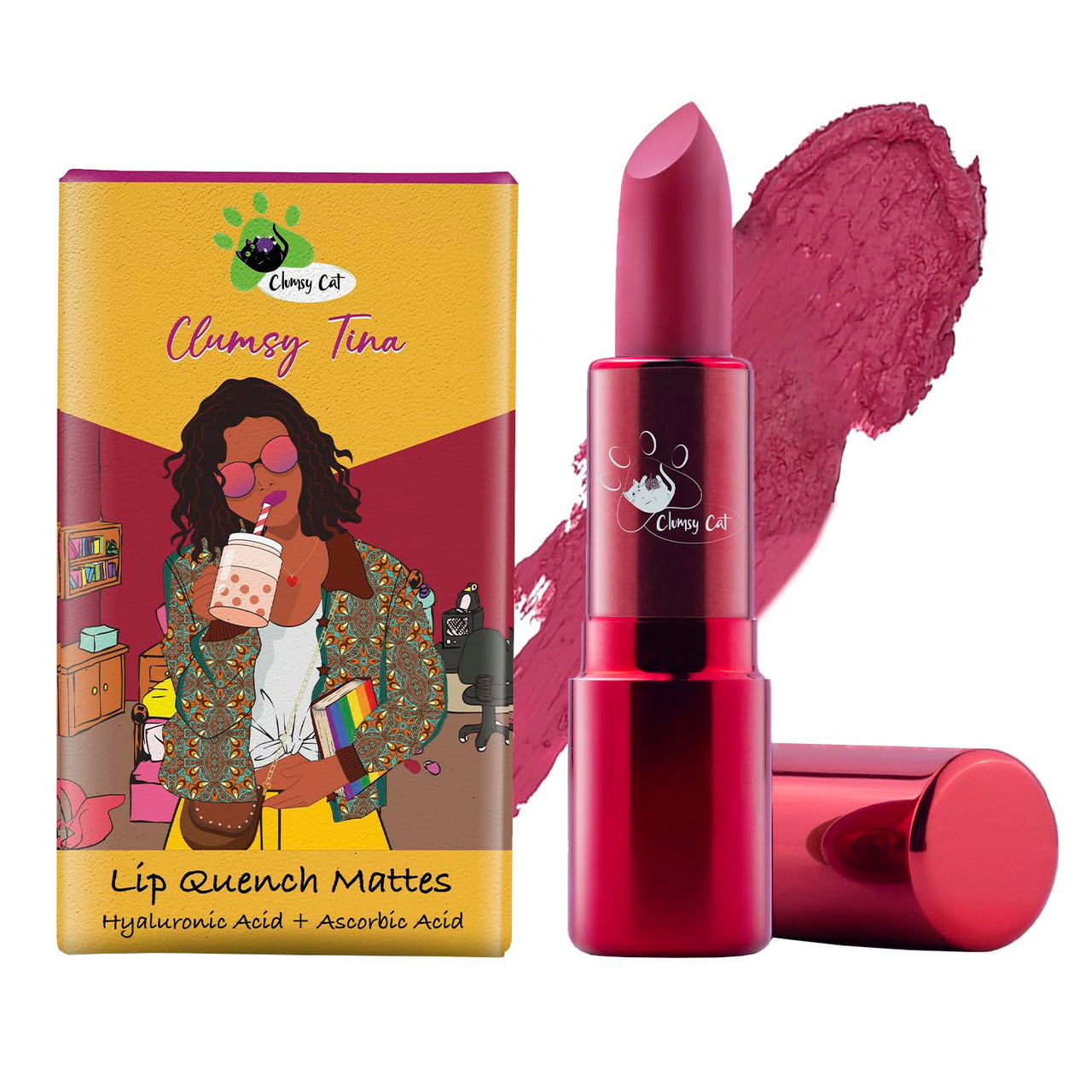 lumsy Cat Clumsy Tina Matte Lipstick – Magenta Shade | Long Lasting, Waterproof, Smudge-Proof & Non-Sticky | Bold Pink Lipstick for Women & Dusky Skin Tone | Hydrating Daily Use Lip Makeup for Office, College & Party
