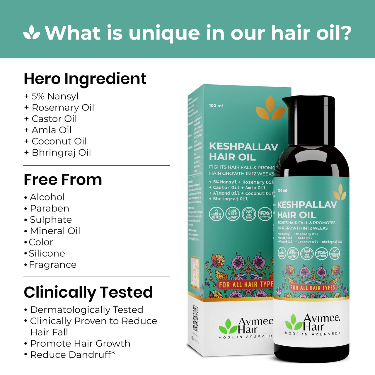 Avimee Herbal Hair Care Kit | For Hair Growth and Nourishment | Keshpallav Hair Oil, 100ml | Shakuntala Hair Cleanser, 200ml | Hairtone PV1 Scalp Spray, 100ml | Hair Care Combo