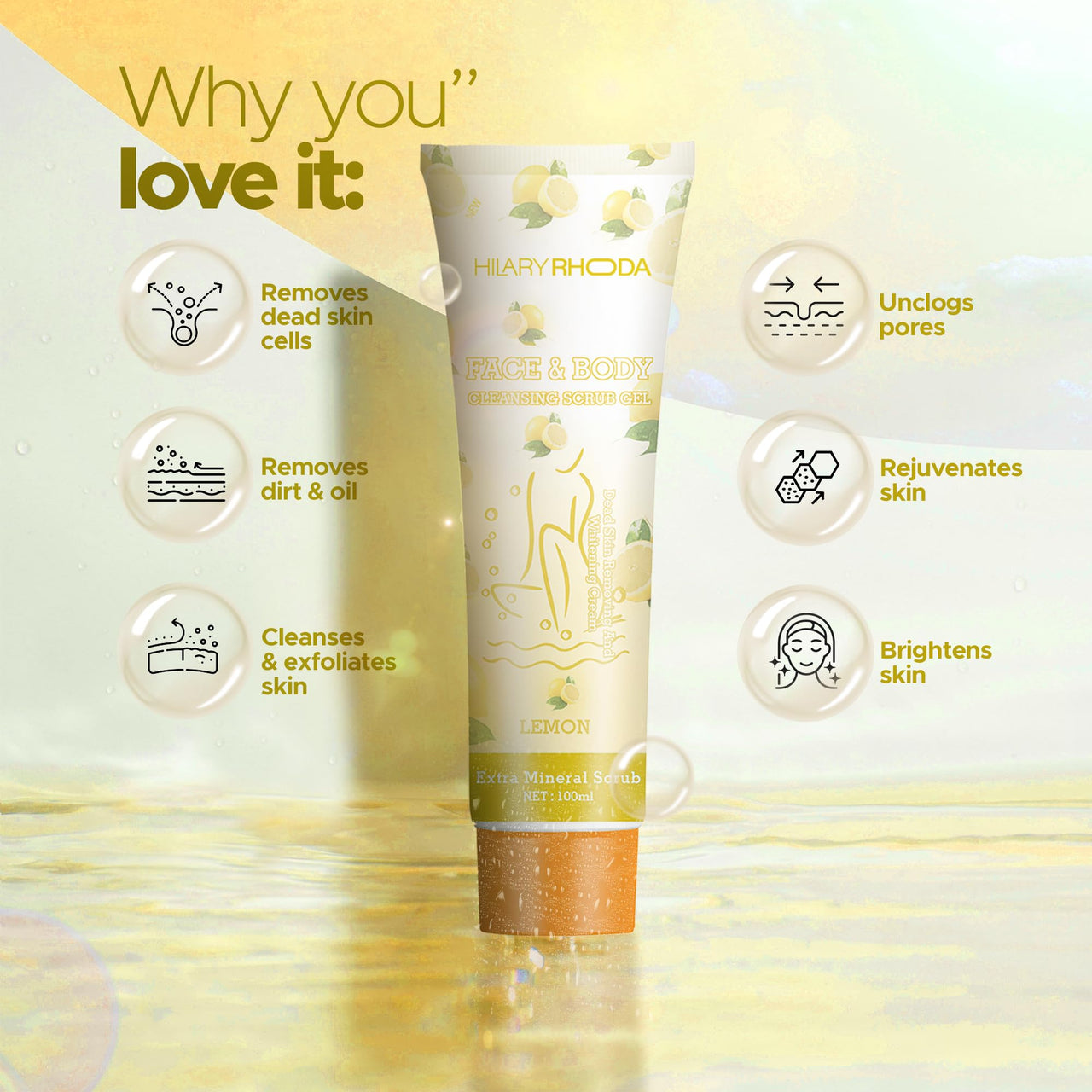 Hilary Rhoda Face & Body Cleansing Scrub Gel | Dead Skin Removing Cleansing Scrub Gel | Gently Exfoliates Skin Cells | Removes Dirt & Oil | 100ml (Lemon-Shade 02)