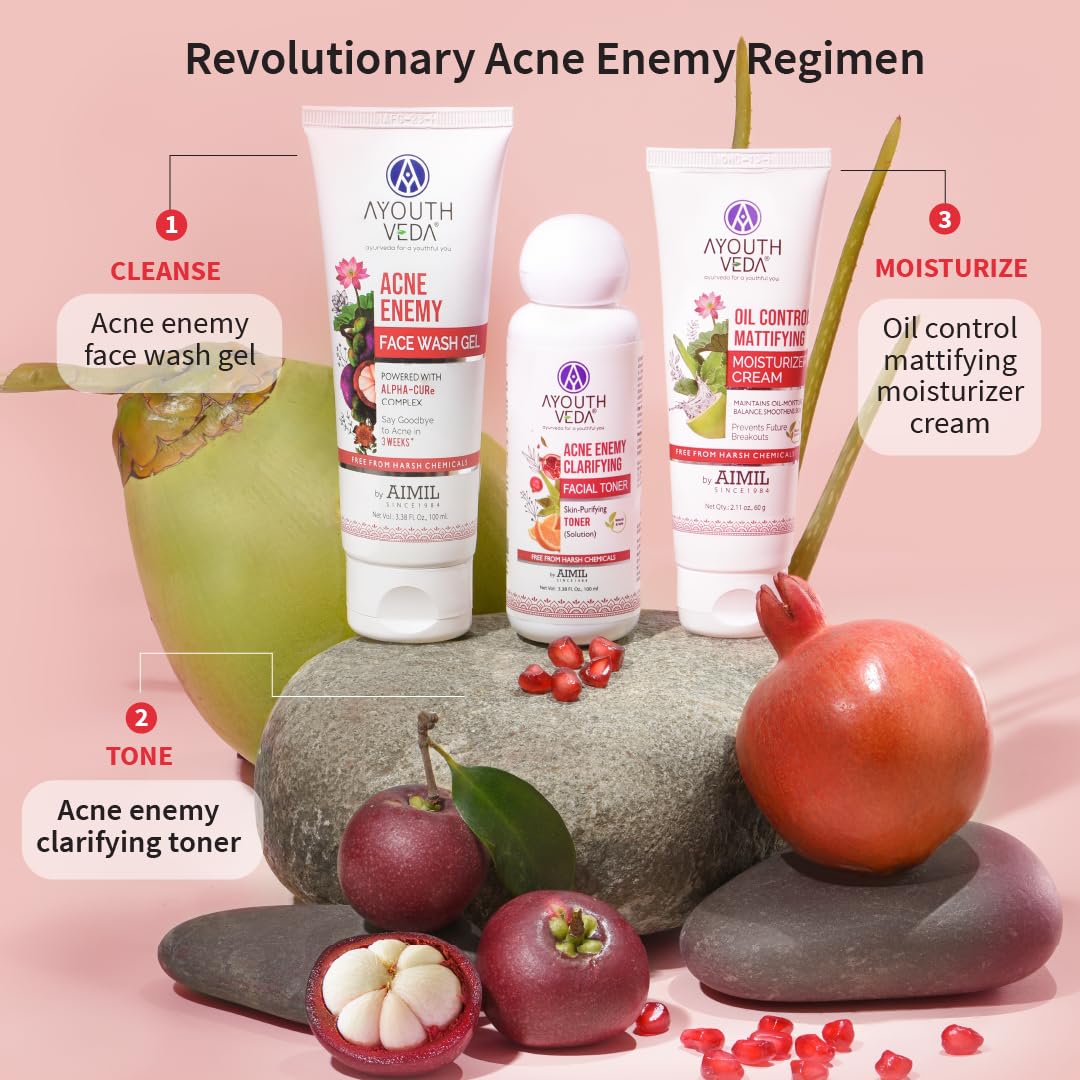Ayouthveda Anti-acne Face Care Kit Maintain Oil Moisture, Skin Purifying | Acne Enemy Face Wash Gel 100ml | Acne Enemy Clarifying Facial Toner 100ml | Oil Control Mattifying Moisturizer Cream 60g