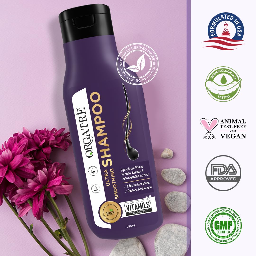 ORGATRE Ultra Smoothing Shampoo - 250ml | Argan Oil, Plant Protein & Ashwagandha | Frizz-Free, Silky Hair | Nourishing Shampoo for Men & Women