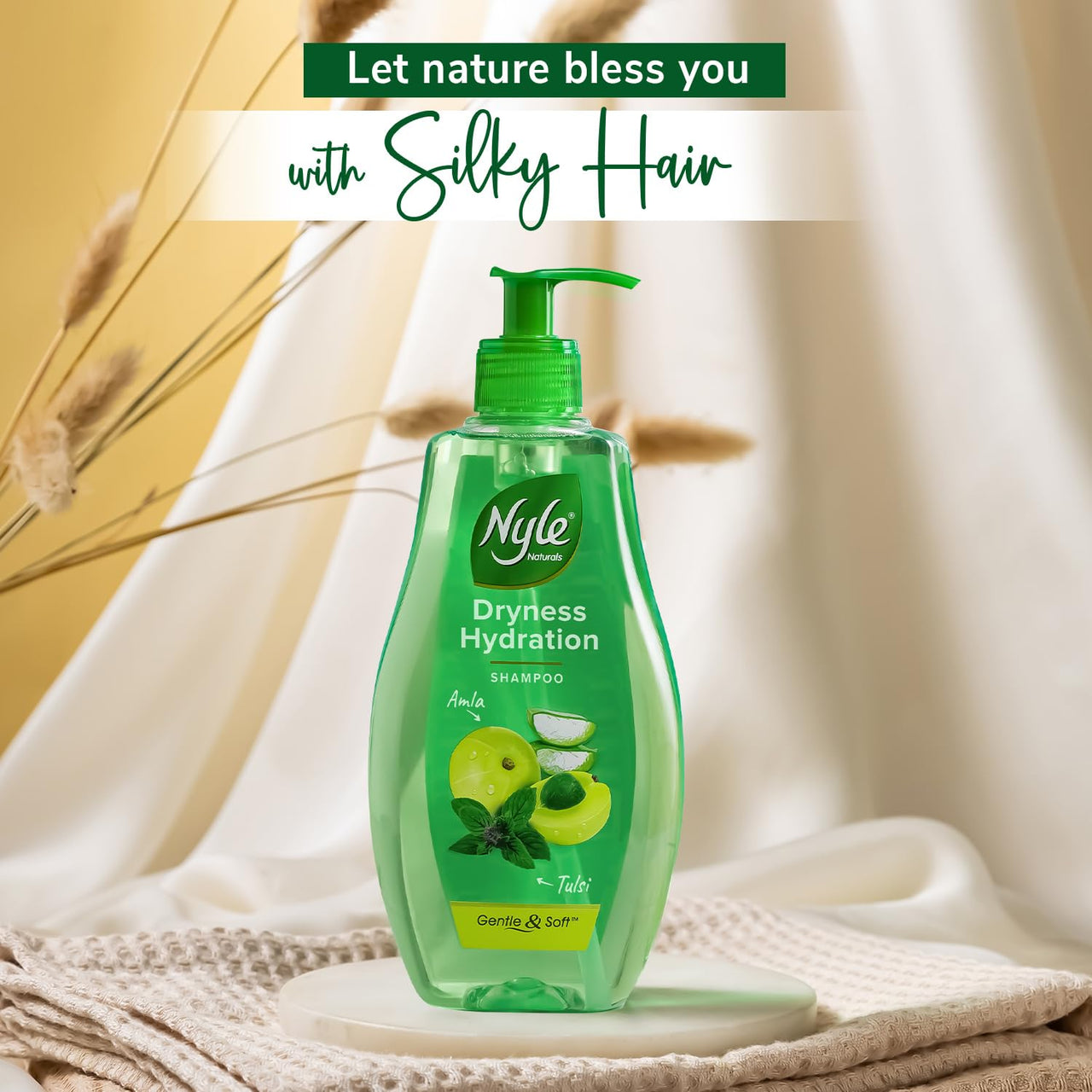 Nyle Naturals Dryness Hydration Shampoo, with Tulsi, Amla and Aloe Vera, Gentle & Soft Shampoo, pH Balanced and Paraben Free, For Men & Women, 800ml