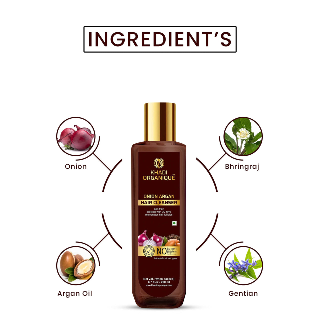 Khadi Organique Onion Argan Hair Cleanser Anti-frizz Protects With UV Rays Rejuvenates Hair Follicles 200 ML (Pack of 1)