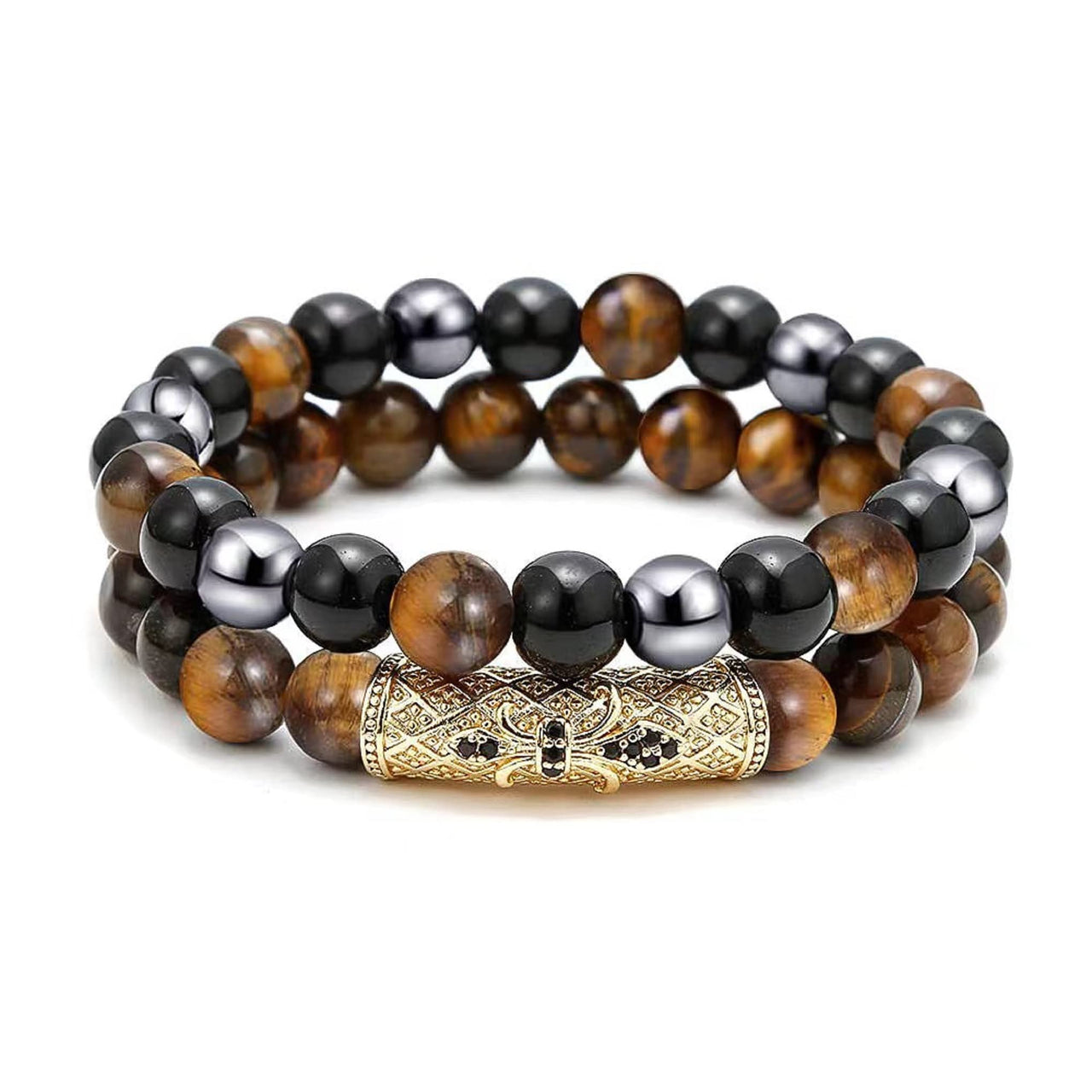 2Pcs Triple Protection Bracelet,Natural Tigers Eye Black Obsidian and Hematite 8 MM Beads Bracelet for Men Women Gift, Healing Crystal Bracelet Bring Luck and Prosperity and Happiness (Yellow) Yellow