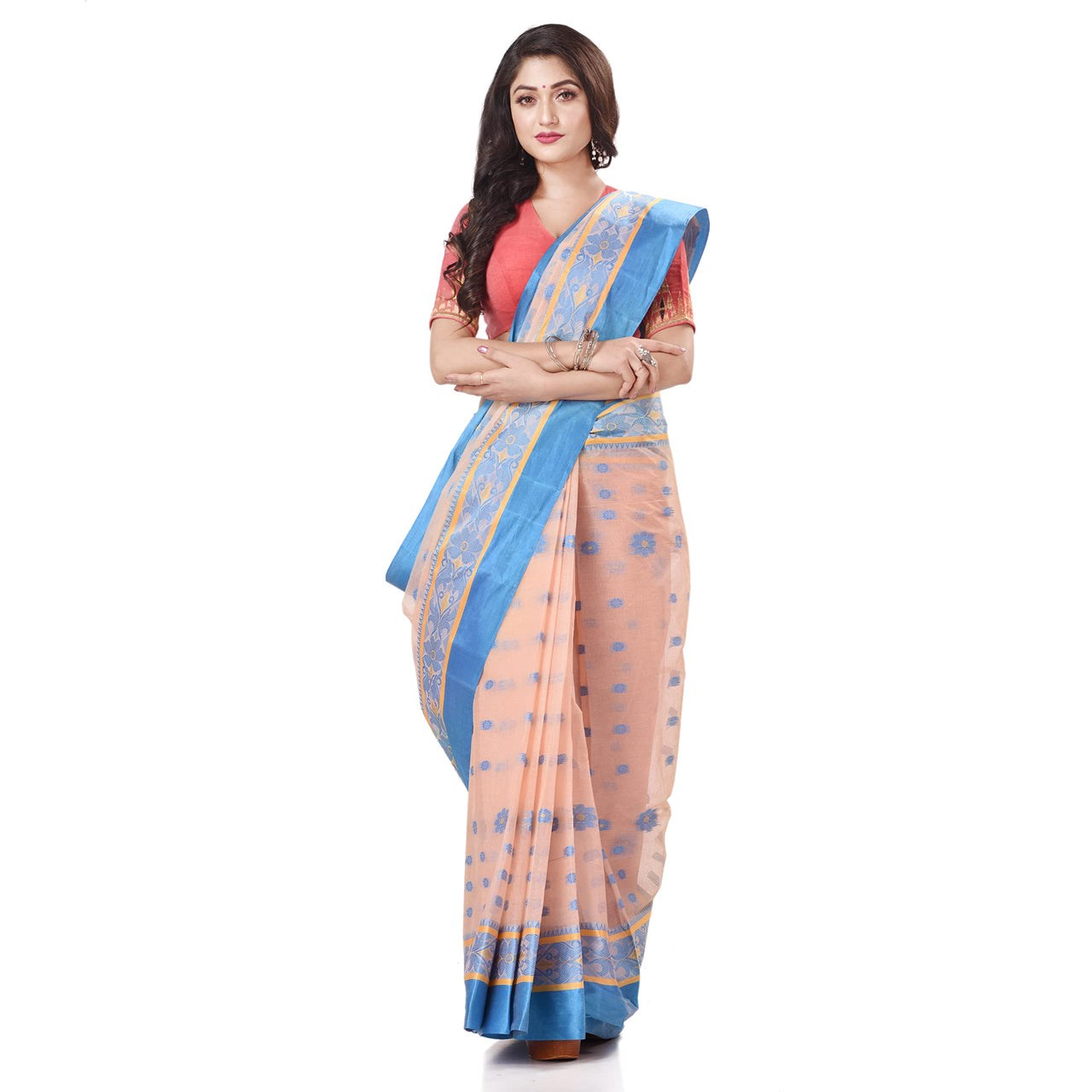dB DESH BIDESH Women`s Traditional Bengal Phulkoli Woven Design Pure Handloom Cotton Saree Without Blouse Piece White Red