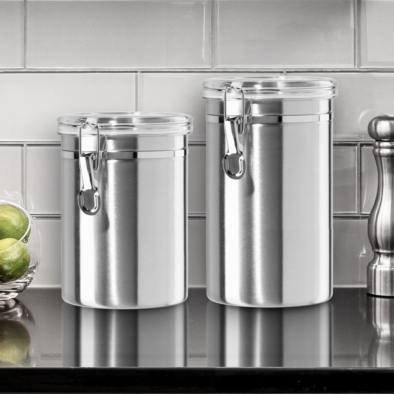 OGGI Stainless Steel Kitchen Canister 52 fl oz - Airtight Clamp Lid, Clear See-Thru Top - Ideal for Kitchen Storage, Food Storage, Pantry Storage. Large Size 5" x 6". 47-ounce Airtight Canister