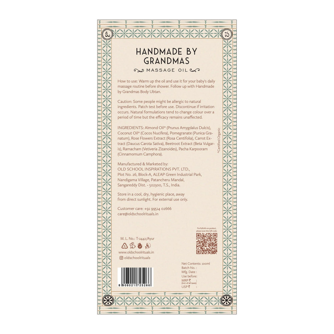 Old School Rituals Baby Massage Oil Handmade by Grandmas | 100 ml | Natural Almond Blend | Nourishes & Hydrates Baby's Skin | Strengthens Muscles & Joints | Promotes Bone Lengthening | Winter Care for Baby's Comfort | Encourages Restful Sleep