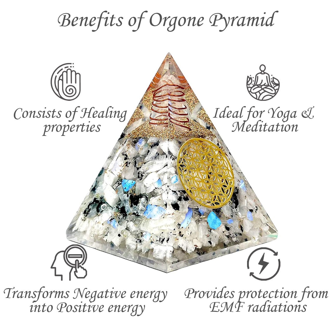 Orgone Pyramid | Rainbow Moonstone Orgonite Pyramid for Success, Anti-stress, Calmness, Growth, Strength | Healing Crystal Gemstone Pyramid | Orgone Pyramid Crystal - Handmade In India