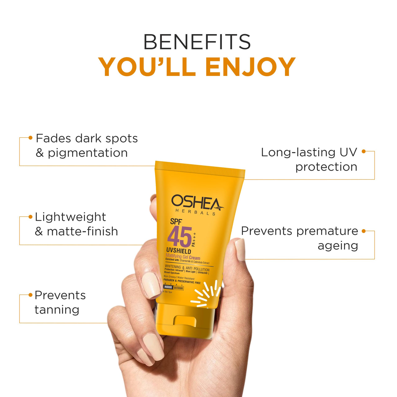 Oshea Herbals UVShield Mattifying Gel Sunscreen Cream SPF 45 PA +++ for All Skin Types | Non Greasy & Water Resistant | Blue Light, UVA & UVB Protection | Enriched with Chamomile Extract 120g