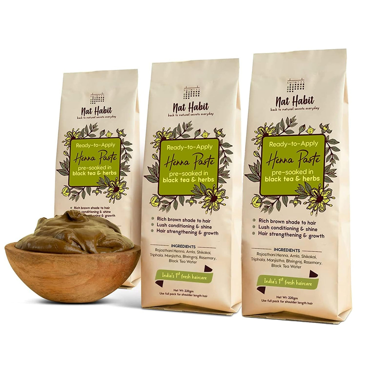 Nat Habit - Fresh Ready To Apply Henna Paste (Pack of 3 x 220g) and Nat Habit Five Oil Hibiscus NutriMask-Hair Mask for All Hair & Scalp Types (Pack of 3 x 40 gm)