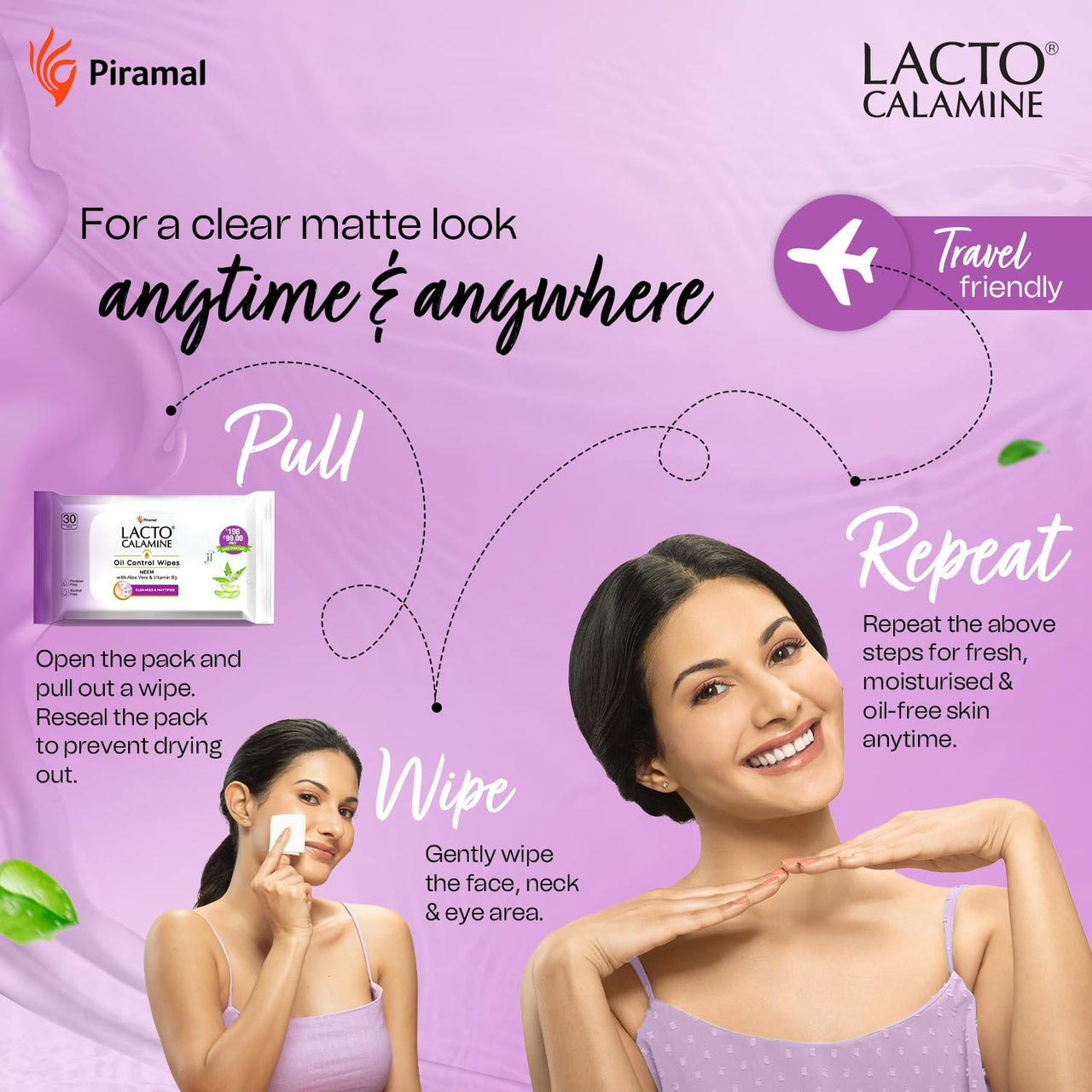 Lacto Calamine Oil Control Face Wipes | 30 N each- Pack of 4 | Wet Wipes for Face With Neem, Aloe Vera & Niacinamide | Makeup Remover Wipes | Hydrating, Refreshing, Soothing | Pararben & Alcohol Free